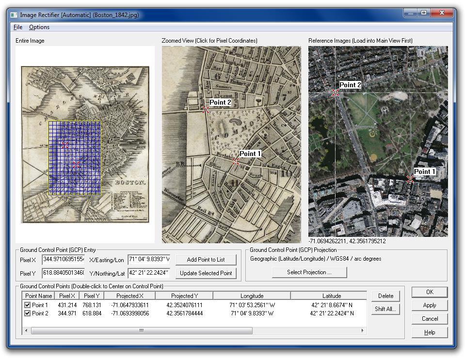 Importing Data (continued) Geo-rectifying Image Files Global Mapper s Image Rectifier function provides a powerful tool for creating a geographically referenced raster layer from virtually any image