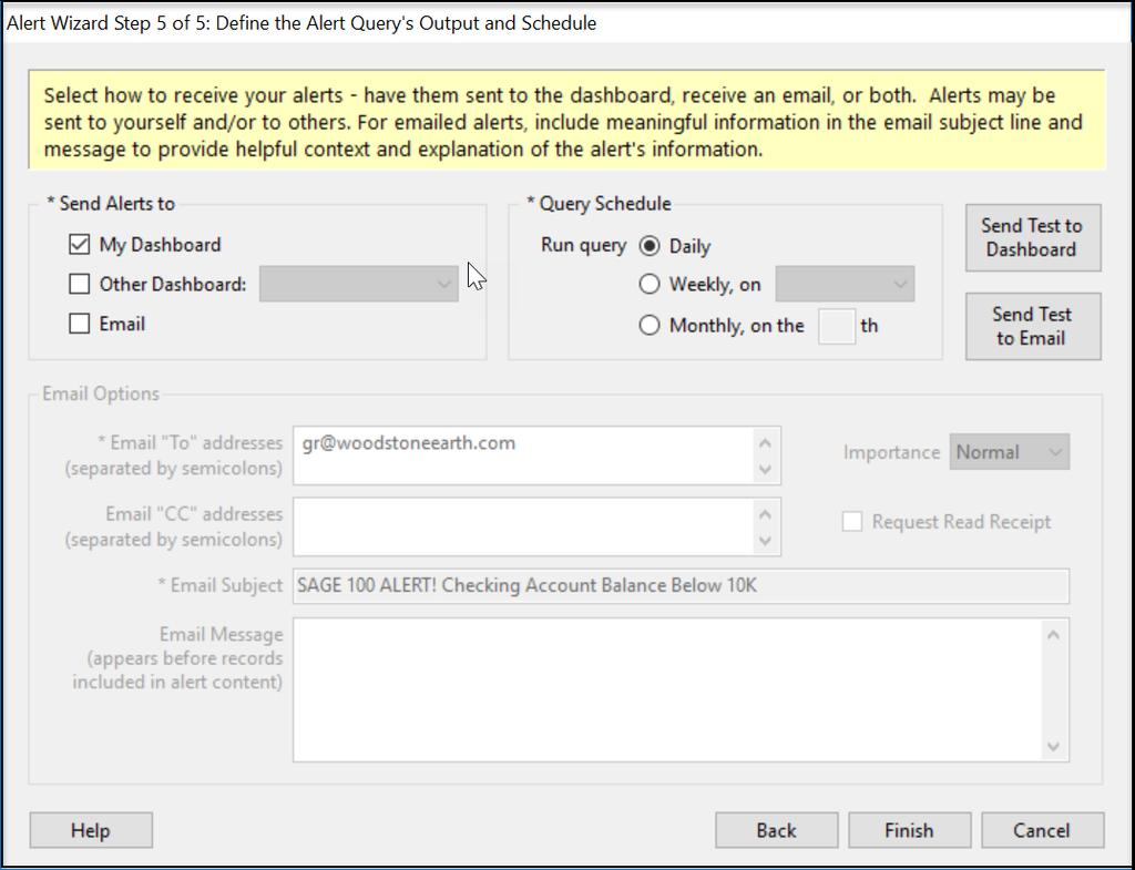 Step 5- Define Output and Schedule Choose when and how the alerts will be processed Finish