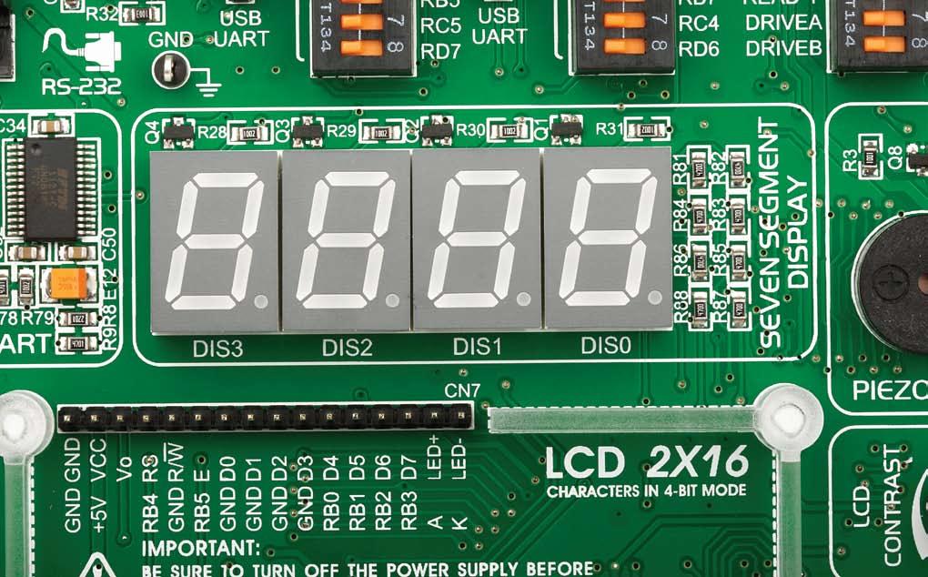 EasyPIC v7 contains four of these digits put together to form 4-digit 7-segment display. Driving such a display is done using multiplexing techniques.