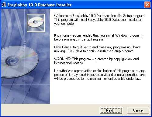 The initial splash screen is presented as shown below. Click the Next button to proceed. On the Select Target Database screen (shown below), select the desired option for installing the database.