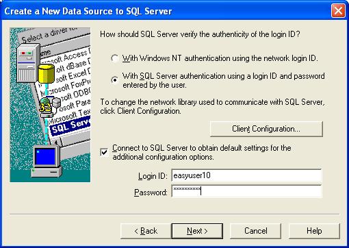 Make sure the Connect to SQL Server box is checked, and enter the credentials easyuser10 and door10man+, then click the Next