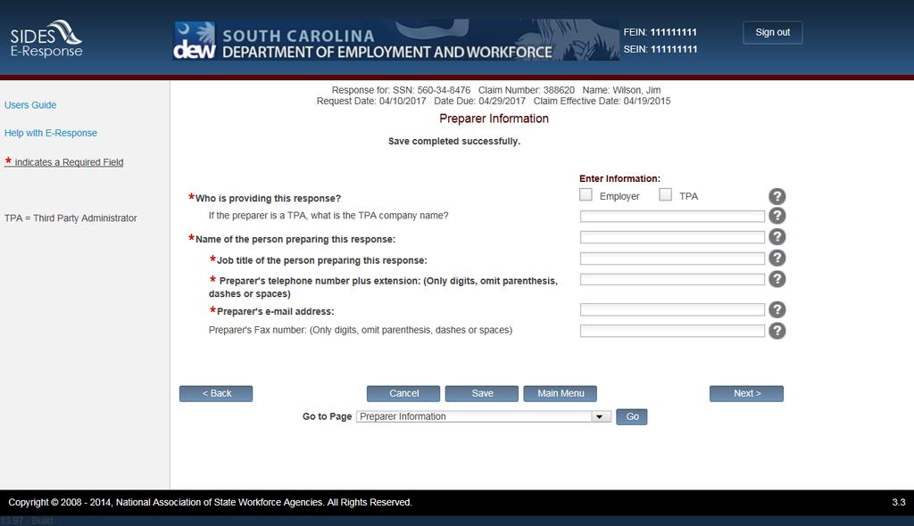 The PREPARER INFORMATION PAGE is the next page to be filled out in the separation response sequence.