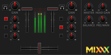 Fig. 13: The mixer section 3.2 The Mixer Section The mixer section of the Mixxx user interface allows you to control how the different decks and samplers are mixed together. 3.2.1 Channel Faders and Level Meters Level meters In the center of the mixer section are 4 level meters.