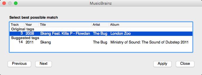 Fig. 4: Mixxx library - MusicBrainz Wizard The MusicBrainz wizard in Mixxx allows searching the MusicBrainz database and applying the results to your tracks.