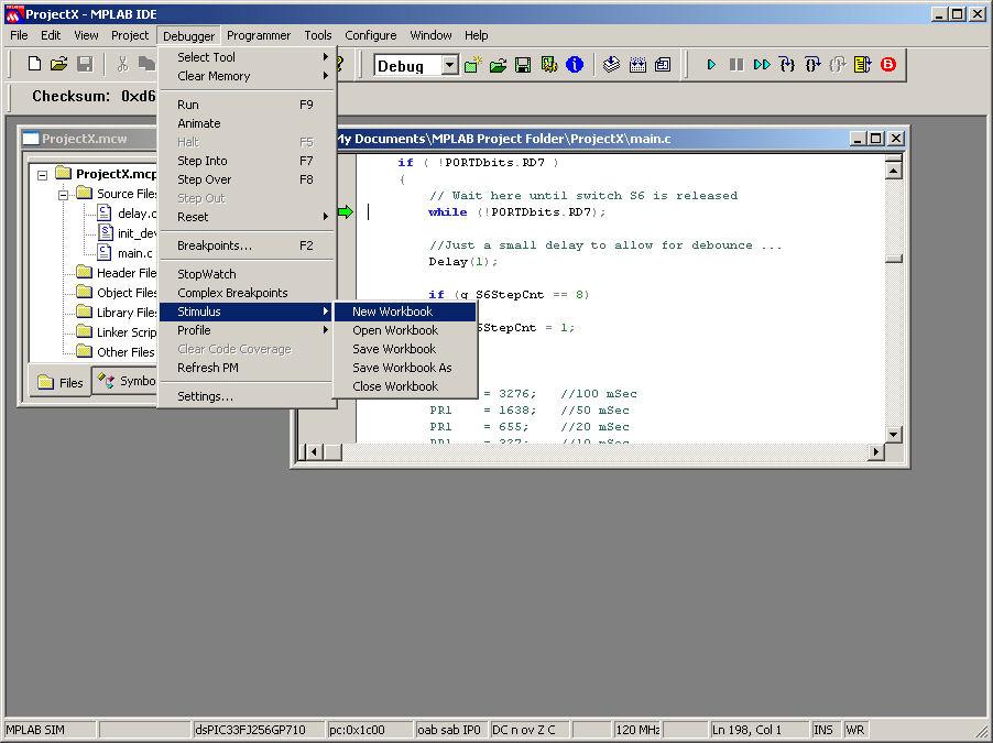 Stimulus Debugger>Stimulus>New Workbook 42 The action of the switch on pin RD7 can be simulated with a stimulus function.