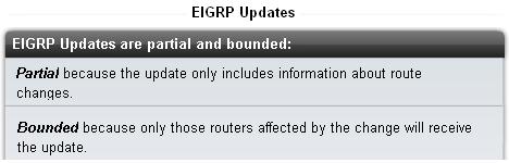 EIGRP EIGRP Bounded Updates EIGRP only sends update when there is a change in route status Partial update A partial update includes only the route information that has changed the whole