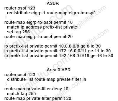 A. The ASBR route-maps are basically useless, because there are no deny prefix-lists. B. LSA Type 5s will not be received by the ABR from the ASBR. C.