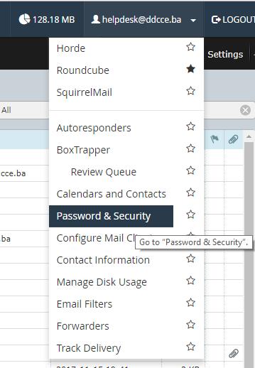 Webmail promjena 28password-a Nakon logovanja u mail password će te promijeniti klikom na svoju e-mail adresu ime.prezim@ddcce.ba i poslije otvaranja padajućeg menu-a pronaći Password & Security.