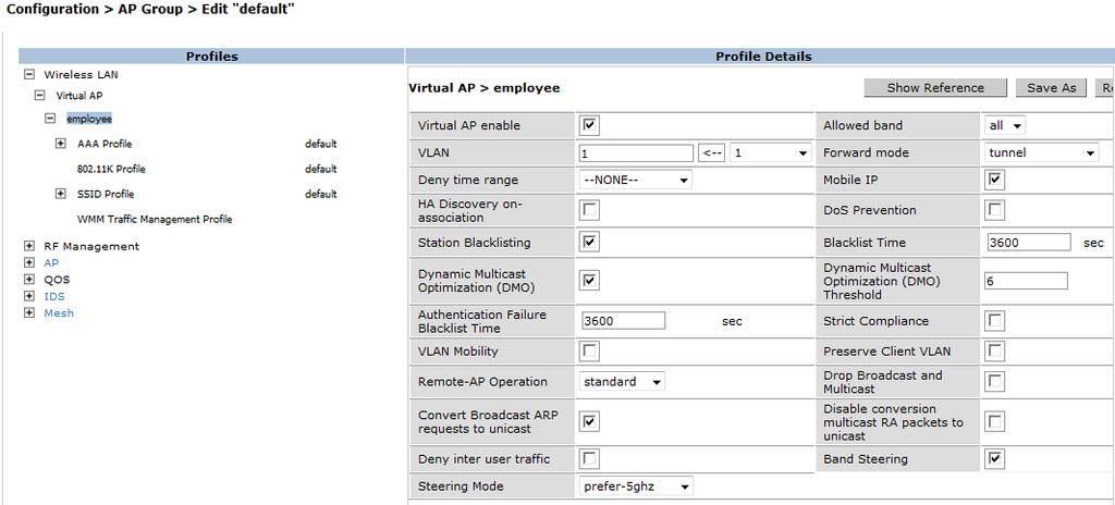 2.4.1 Dynamic Multicast Optimization (DMO) Select the Dynamic Multicast Optimization (DMO) checkbox, as shown in Figure 20. Virtual AP Employee Profile 2.4.2 Band Steering To enable this feature, click the Band Steering checkbox, as shown in Figure 20 above.