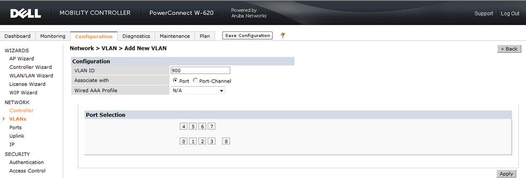 3 Guest WLAN Figure 29 illustrates adding a guest VLAN. Configuration -> Network -> VLANS -> Add -> VLAN ID -> enter 900 -> Apply. Create Guest VLAN Note: Customers can set their own VLAN assignment.