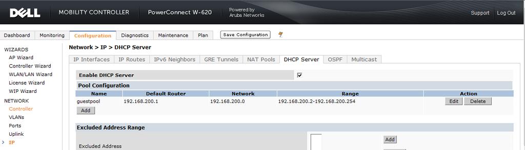 3.3 Display Guest Pool Figure 34 displays the DHCP Guestpool including default router, network address, and address range. DHCP Guest Pool 3.
