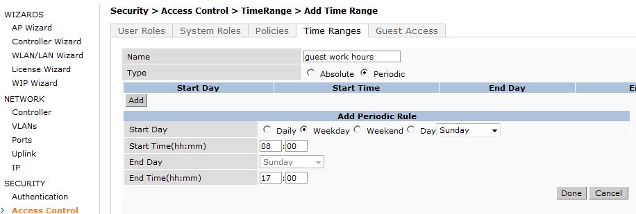 Guest Role Policies Figure 36 above illustrates HTTP and HTTPS services only allowed during work hours for guest users. 3.5 Guest Role Time Range Figure 37 shows how to allow guest users WEB access only during business hours.