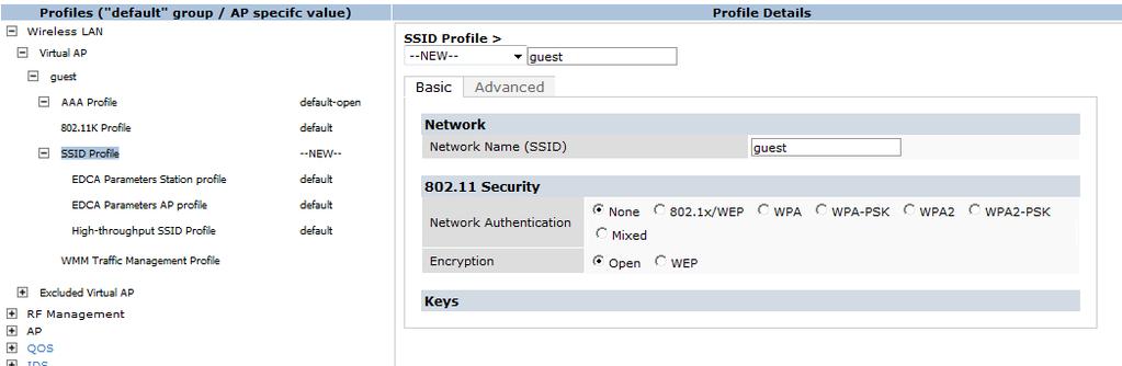 Virtual AP Guest As shown in Figure 41, select New SSID profile named guest. Enter Network Name as guest.