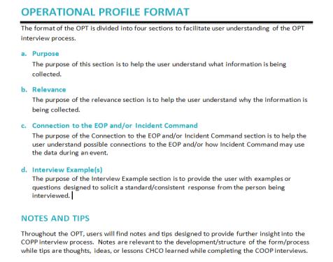 part of COOP The Operational Profile provides a detailed