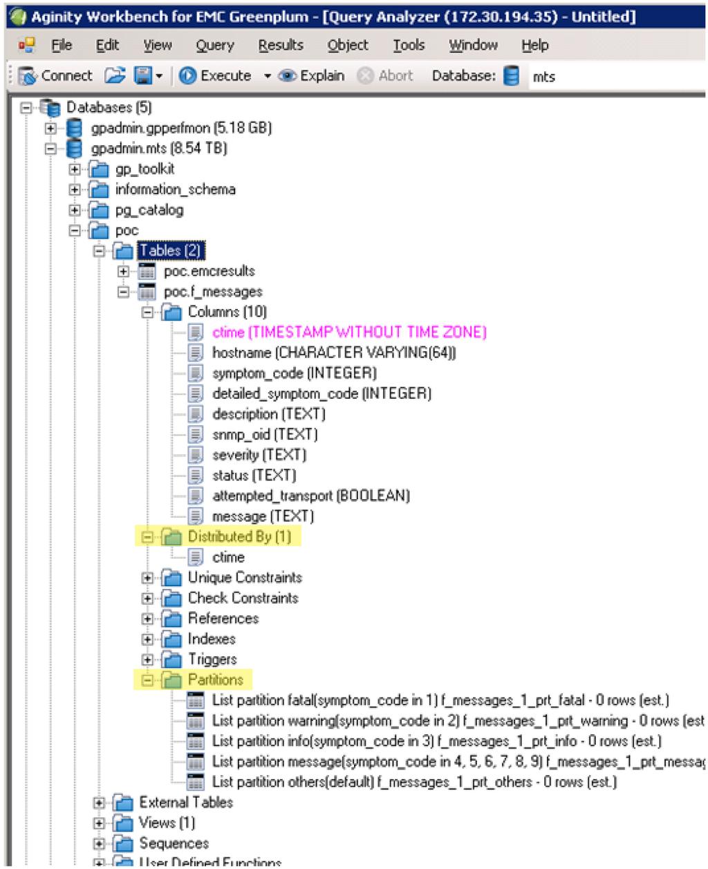 Figure 3 shows a database expanded to display database objects. The view displays Greenplum-specific objects and information such as Partitions and the Distributed By clause in a table definition.