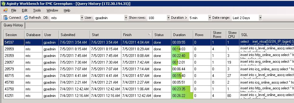 To identify poorly performing queries, you go to the Object menu, and under Database choose Show Query History. Figure 9 shows the Query History window.