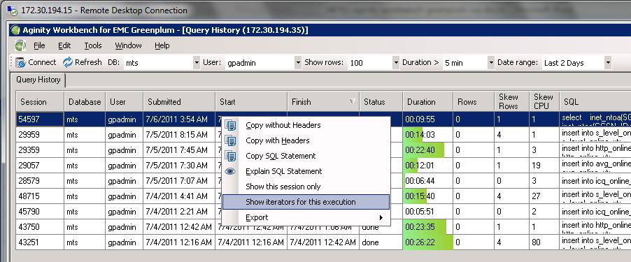 As shown in Figure 11, Aginity Workbench supports you by providing iterator output of the query. This option is available in the Context menu of the query. Figure 11. Explain Plan The iterators give much more detailed information for the steps of the Explain Plan.