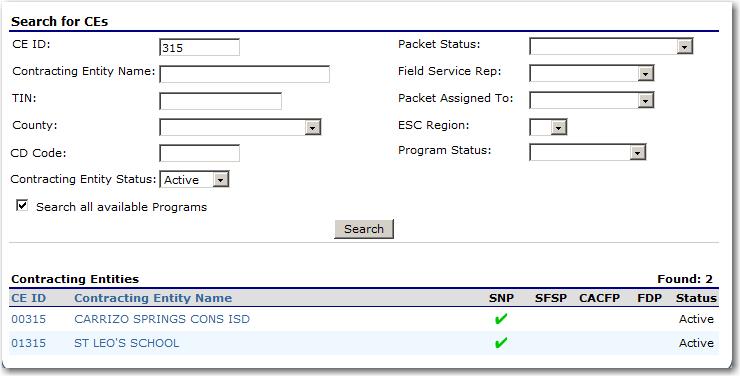 If the Search all available Programs checkbox is checked, the results display changes in appearance. The system will ignore all search criteria except for the CE ID and Contracting Entity Status.