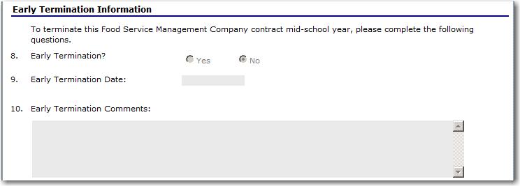 Figure 24: Food Service Management Company Contracts Screen (Partial) - Termination To cancel a renewing Food Service Management Company contract TIP: Within the system, Food Service Management
