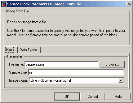 Key Blockset Concepts You can choose to process the image as a multidimensional array by setting the Image signal parameter to One multidimensional signal in the Image From File block dialog box.