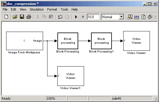 8 Example Applications 9 UsetheVideoViewerblocktoviewthecompressedimage. Acceptthe default parameters. 10 Connect the blocks as shown in the following figure. 11 Set the configuration parameters.