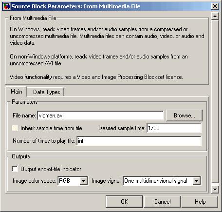 2 Importing and Exporting Video The From Multimedia File block inherits its sample time from vipmen.avi. Forvideosignals,thesampletimeisequivalenttotheframeperiod.