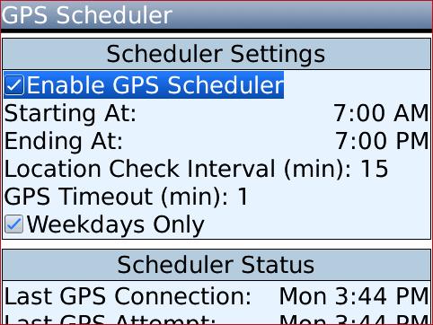 Scheduler From the settings menu, you may select Scheduler to setup automatic location checks using both GPS and Bluetooth markers.