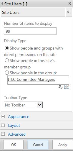 This then will allow you to change the site users for Owners / Members / Visitors the show people and groups with direct permission on this site will be the default display if you put a tick in the