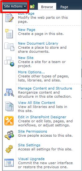 Site Actions The Site Actions menu is now in the Ribbon area to the left of the Browse tab.