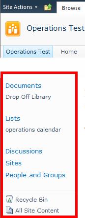 You will now see the the following new options under Site Actions: New Page New Document Library New Site More Options Quick Launch Quick Launch (the navigation pane