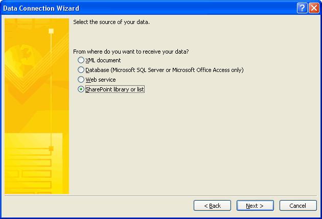 In the next stage of the wizard, select the SharePoint Library or List radio button.