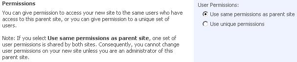 The default setting makes the new page inherit the parent site permissions; that is, the new site is limited to