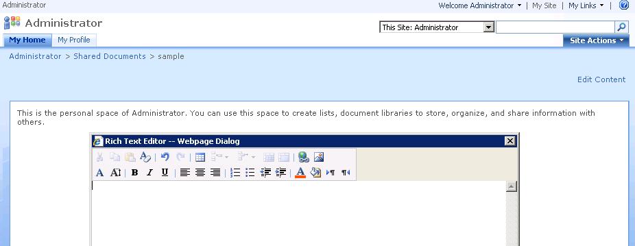 As soon as the page loads for the first time, a small word processing application will open and let you add content to the new page: If you need to modify the text on the page, click the Edit Content