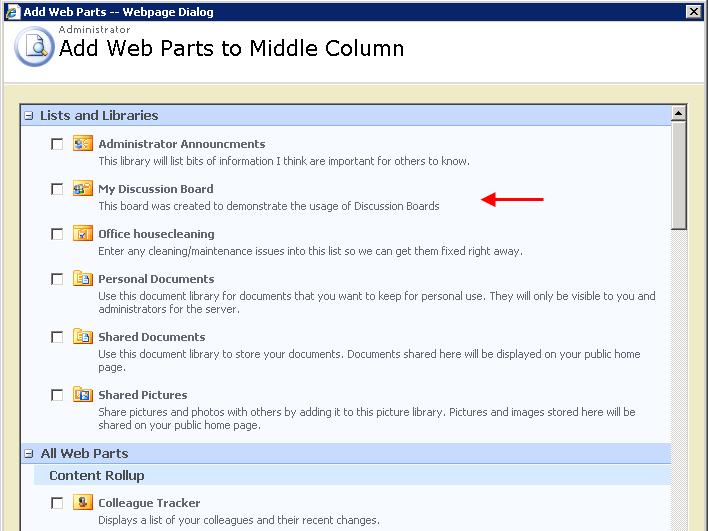 Note the different parts that make up the page. Since each part is empty, it has a link where you can add a web part. This will open a new dialogue that lists a variety of different web parts.