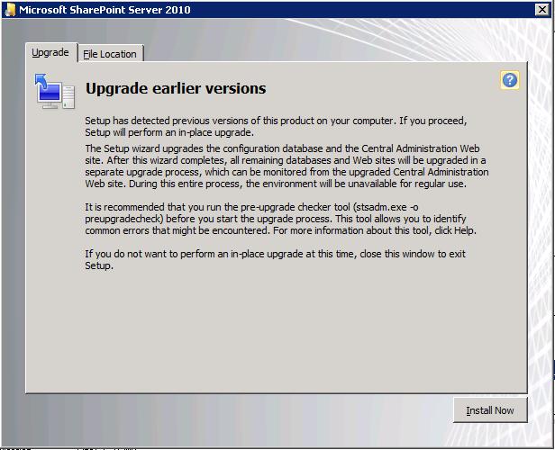 On the Upgrade Earlier Versions page, click Install Now : Setup will run