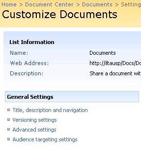 When the Customize <folder/list name> page appears, click Versioning settings under the General Settings heading: When the Versioning Settings page appears, click the Yes radio button in the Content