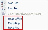 When you display the option list for a promoted field column, you can also see options for filtering the