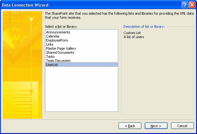 In the next stage of the wizard, you will be presented with a view of the SharePoint lists that are available at the Web site.