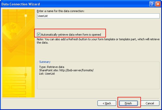 In the final stage of the wizard, you can enter a name for the data connection and use the check box provided to specify if the SharePoint list data is automatically retrieved