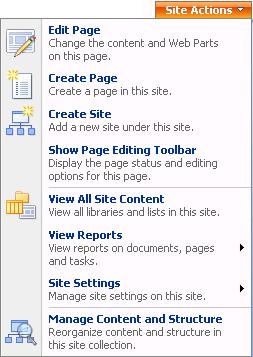 4. Site Actions menu This menu appears on nearly every page you can access on a SharePoint server. You can compare this menu to the File menu of a program.