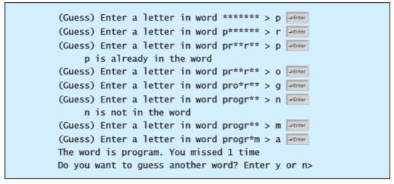 4. (Game: hangman) Write a hangman game that randomly generates a word and prompts the user to guess one letter at a time, as shown in the sample run.