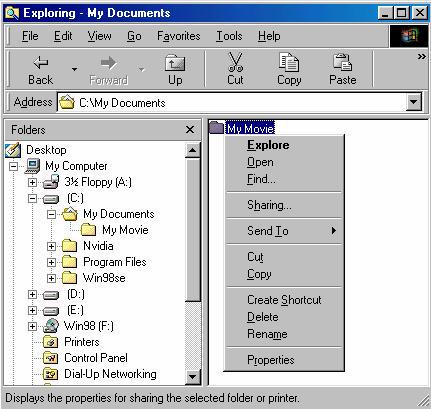 2.2.1 Windows 98SE, ME 1) Select a folder which you want to share. Right-click the folder and click sharing in pop-up menu.