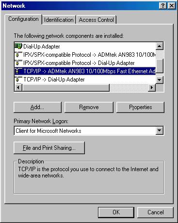 4) Move to [Control panel > Network], and double click TCP/IP->LAN card that you want to use on your computer.