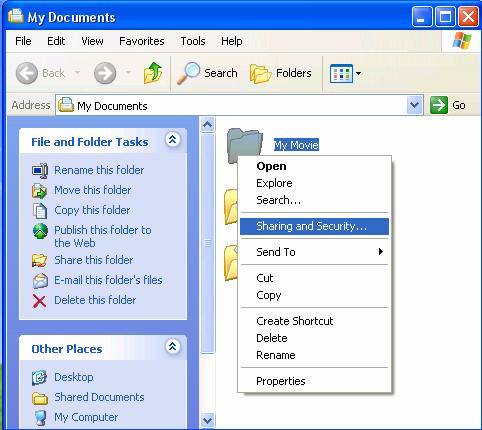 2.2.3 Windows XP 1) Select a folder which you want to share. Right-click the folder and click Sharing and Security in pop menu.