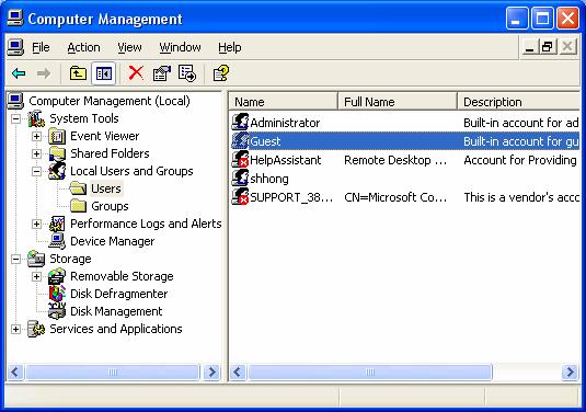 4) Move to [Settings>Control Panel>Administrative Tools>Computer management>local Users and Groups>Users], and double click Guest.