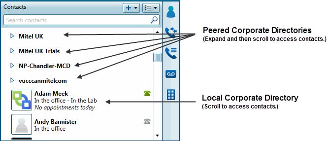 Features Figure 4: Peered Corporate Directories-MiCollab Client Service Administrator Interface Peered contacts are located in the MiCollab Desktop Client Contacts view, and are organized within the