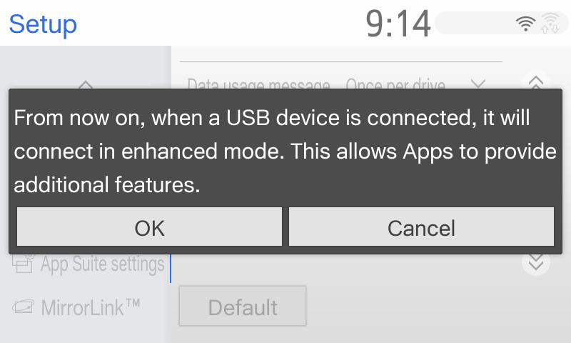 (3) Turn Connect USB in enhanced mode ON. *When Data usage message is Never display, the caution message on usage of data communication will never be appeared. 3.
