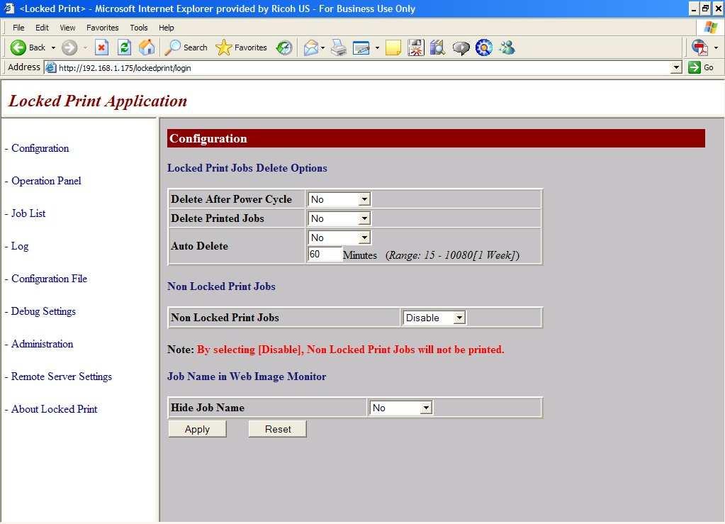 URL: http://<ipaddress>/lockedprint/login (Default login credentials are shown on the previous page.) Figure 2 2.3.