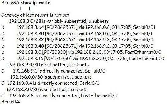B. 252 C. 255 D. 254 Correct Answer: A QUESTION 46 Refer to the exhibit. A packet with a source IP address of 192.168.2.4 and a destination IP address of 10.1.1.4 arrives at the AcmeB router.