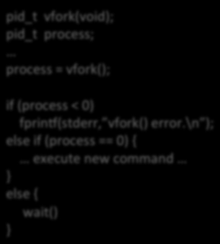 process; process = vfork(); if (process < 0) fprinw(stderr, vfork() error.
